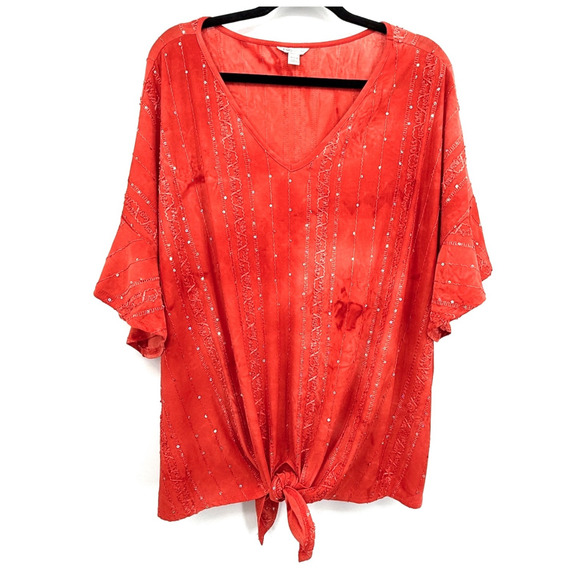 Cato Orange Sequins Top Women's Tunic Tie-Front Flutter Sleeve V-Neck Loose Fit - Picture 1 of 6